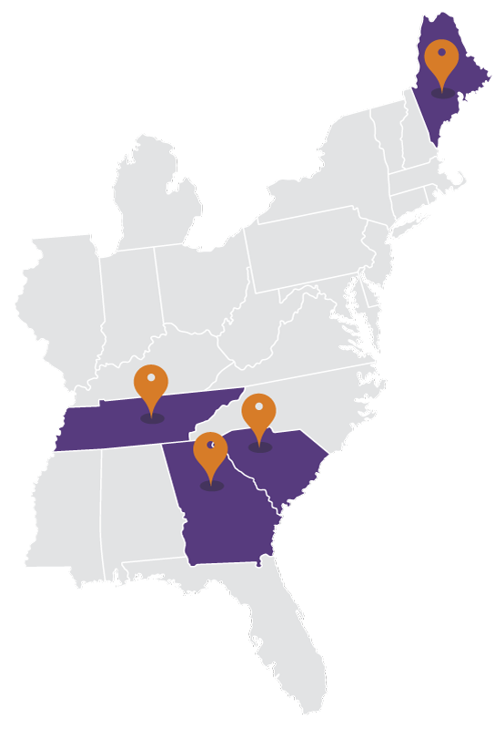 Map of service locations of Maine, Tennessee, South Carolina and Georgia