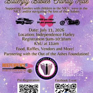 Flyer for the 2nd Annual Butterfly Babies Charity Ride on July 11, 2026 at Independence Harley-Davidson in Matthews, North Carolina supporting NICU families.