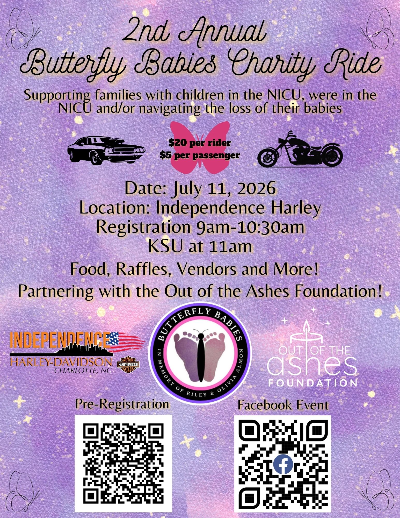 Flyer for the 2nd Annual Butterfly Babies Charity Ride on July 11, 2026 at Independence Harley-Davidson in Matthews, North Carolina supporting NICU families.