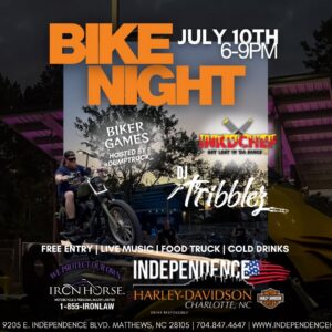 Bike Night flyer at Independence Harley-Davidson in Matthews, North Carolina featuring DJ Tribblez, Junk Chef, and biker games.