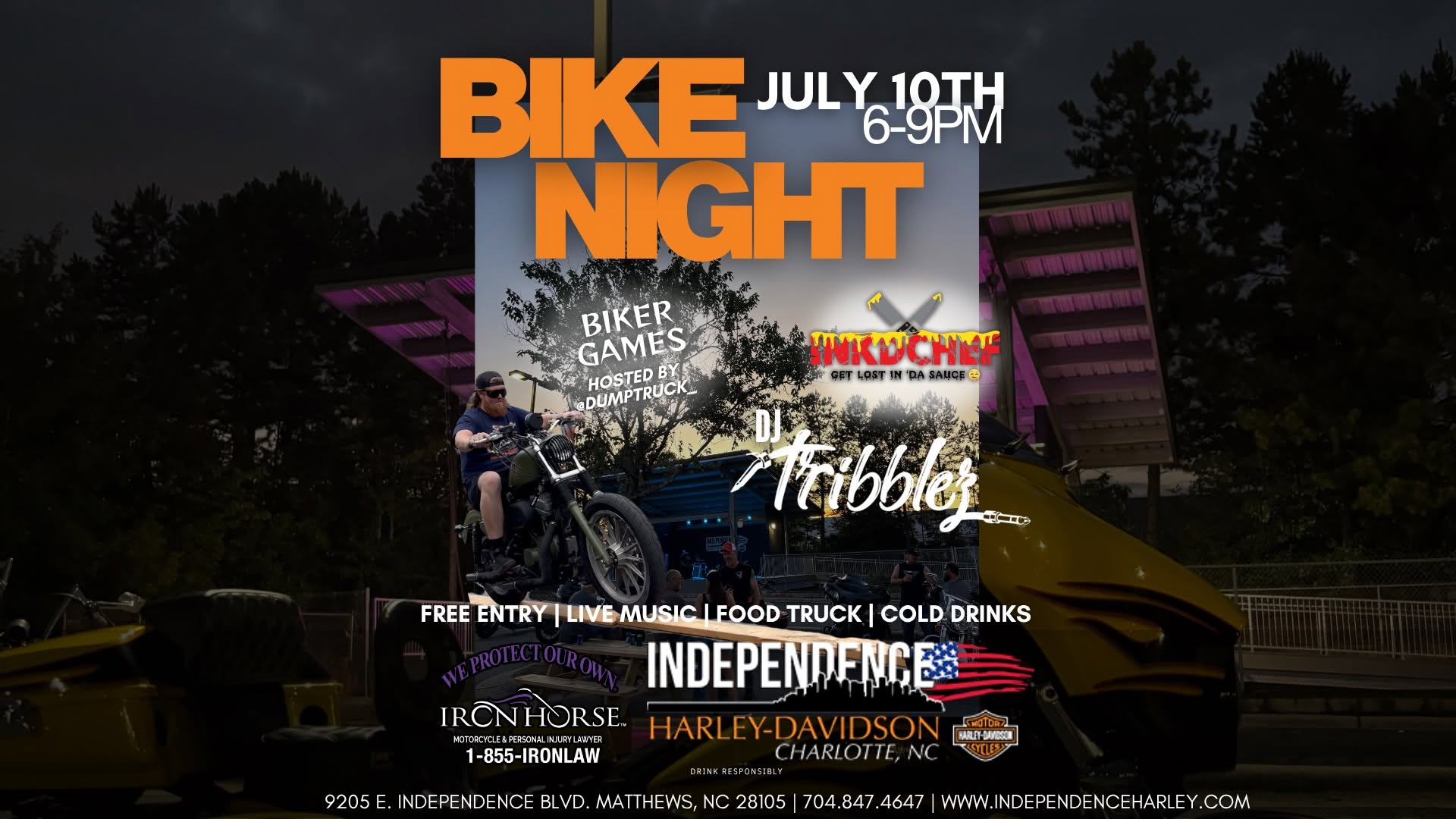 Bike Night flyer at Independence Harley-Davidson in Matthews, North Carolina featuring DJ Tribblez, Junk Chef, and biker games.