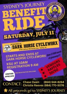 Sydney's Journey Benefit Ride flyer at Dark Horse Cycleworx in Easley South Carolina.