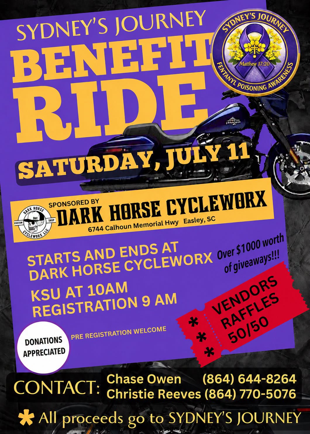 Sydney's Journey Benefit Ride flyer at Dark Horse Cycleworx in Easley South Carolina.