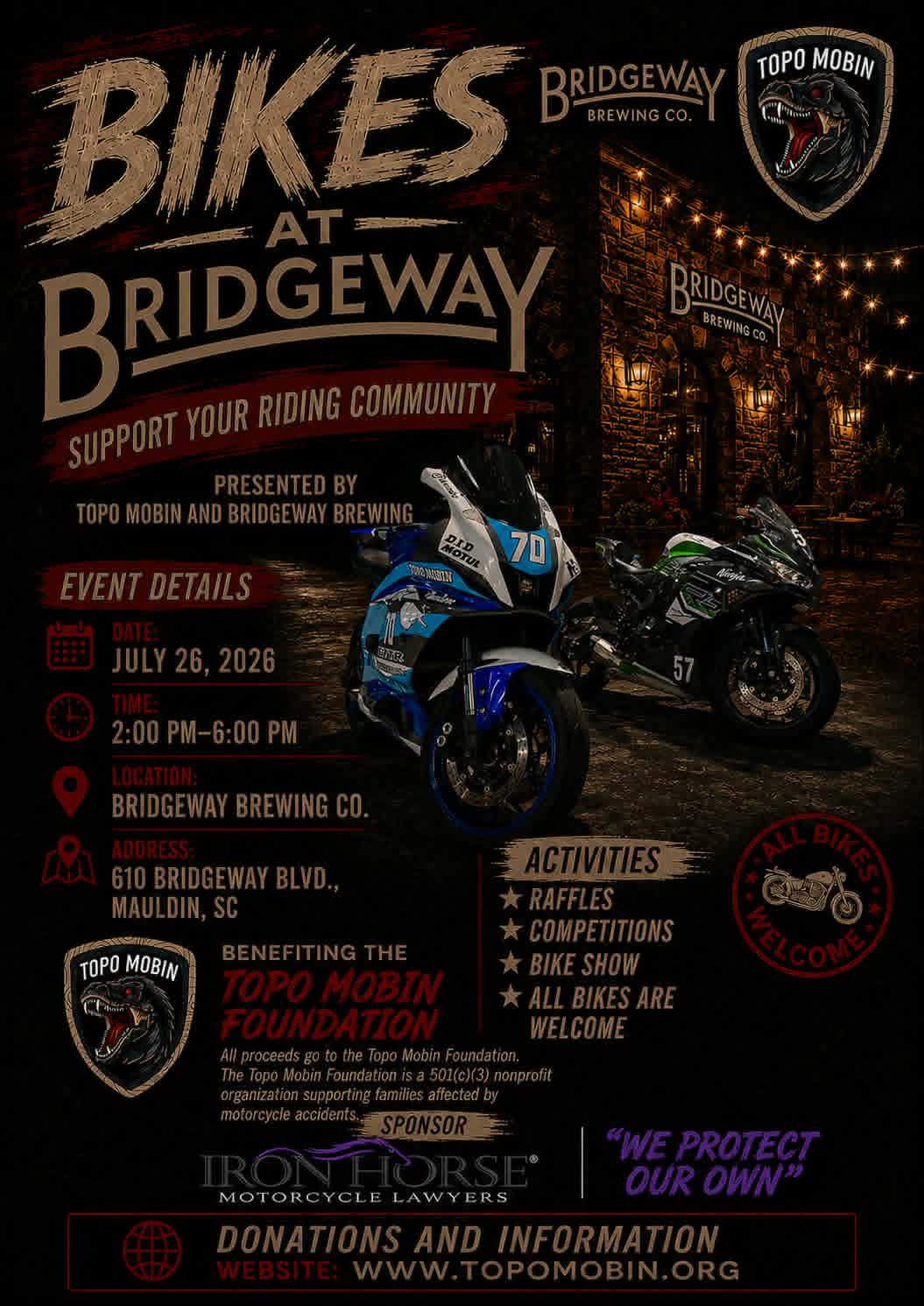 Bikes at BridgeWay motorcycle community fundraiser hosted by Topo Mobin and BridgeWay Brewing Co.