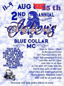 Flyer for the Blue Collar MC 2nd Annual Memorial Run on August 15, 2026.
