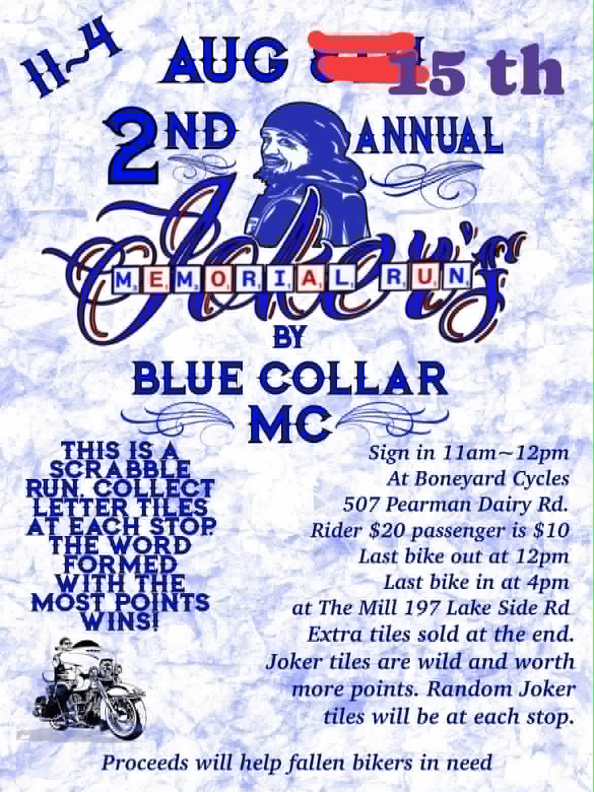 Flyer for the Blue Collar MC 2nd Annual Memorial Run on August 15, 2026.