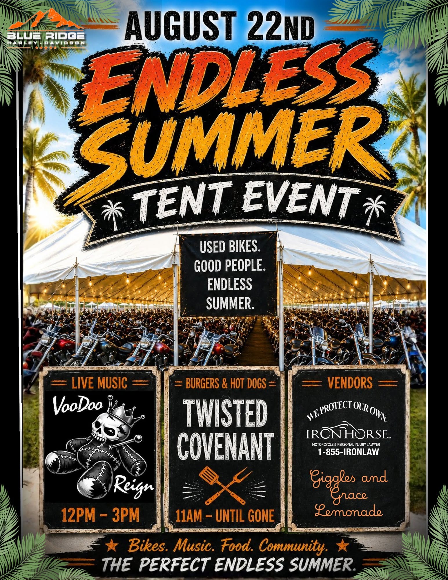 Flyer for the Endless Summer Tent Event at Blue Ridge Harley-Davidson on August 22, 2026 in Hickory, North Carolina.