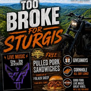 Too Broke for Sturgis event flyer at Blue Ridge Harley-Davidson in Hickory, North Carolina.