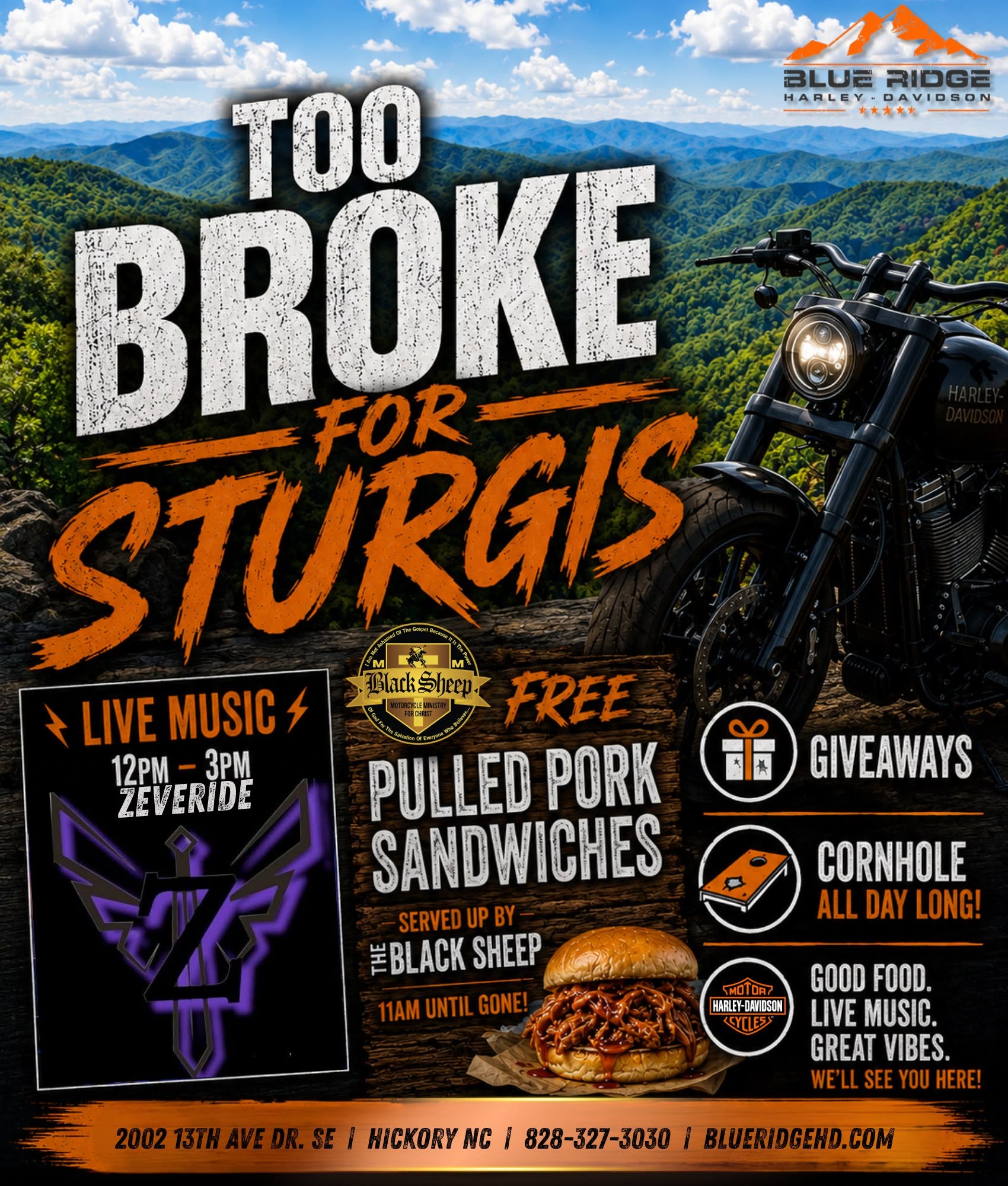 Too Broke for Sturgis event flyer at Blue Ridge Harley-Davidson in Hickory, North Carolina.