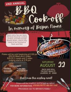 Flyer for the 2nd Annual BBQ Cook-Off in memory of Bryan Noone at Rack and Roll in Laurens, South Carolina on August 22, 2026.