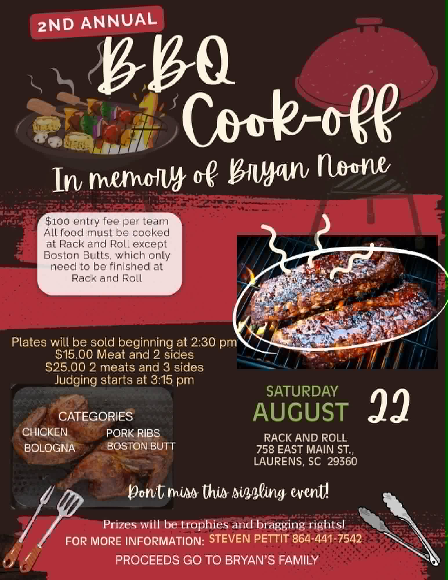 Flyer for the 2nd Annual BBQ Cook-Off in memory of Bryan Noone at Rack and Roll in Laurens, South Carolina on August 22, 2026.
