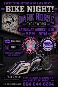 Dark Horse Cycleworx Bike Night flyer for August 15, 2026 from 5 PM to 8 PM in Easley, South Carolina.