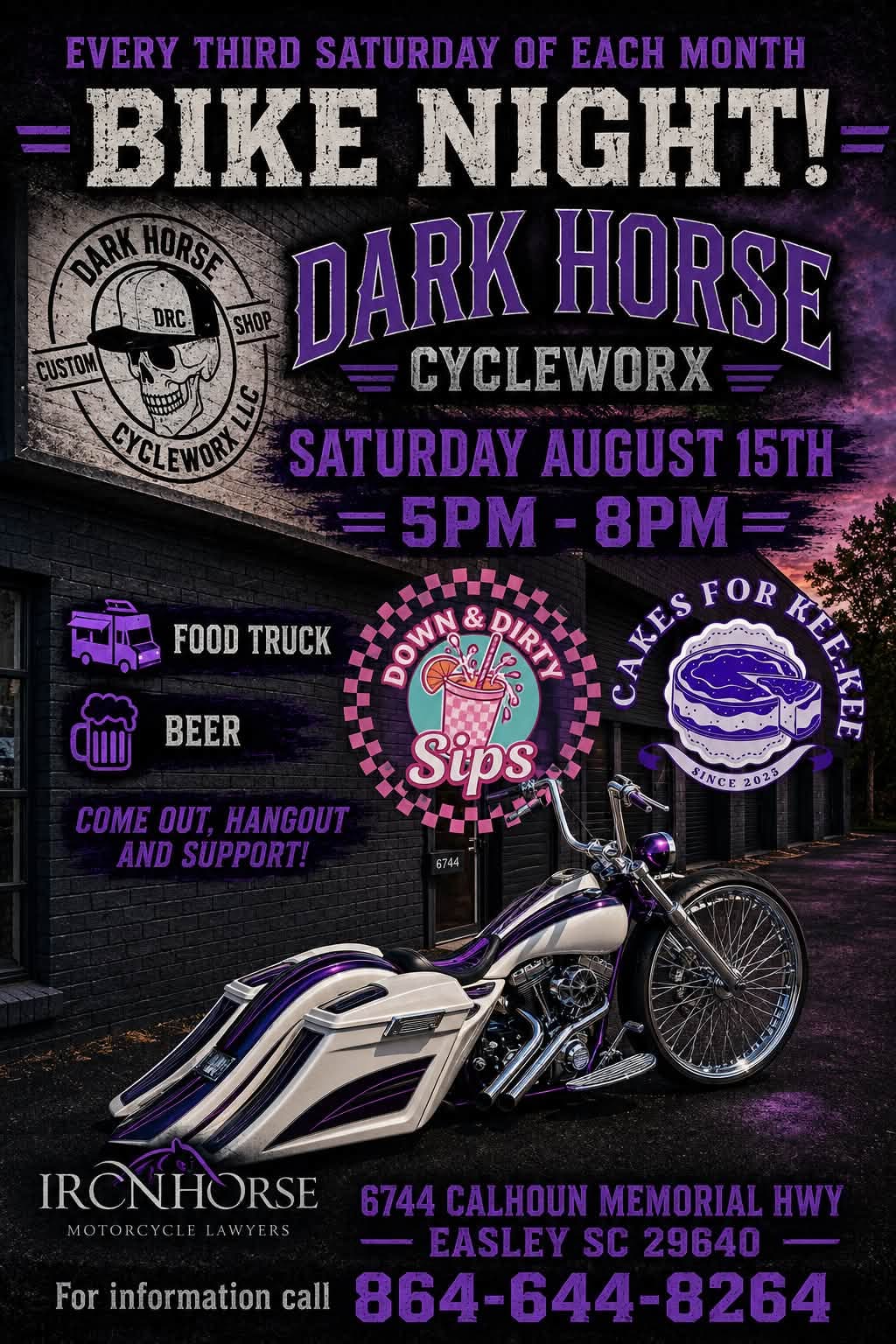 Dark Horse Cycleworx Bike Night flyer for August 15, 2026 from 5 PM to 8 PM in Easley, South Carolina.