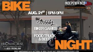 Bike Night flyer for Independence Harley-Davidson in Matthews NC on August 21, 2026 featuring DJ Tribblez, biker games, food truck and beer.