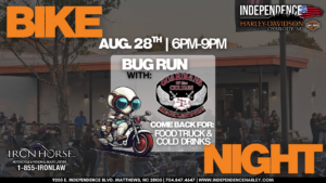 Bike Night and Bug Run flyer for Independence Harley-Davidson in Matthews NC on August 28, 2026 with Guardians of the Children Mecklenburg.