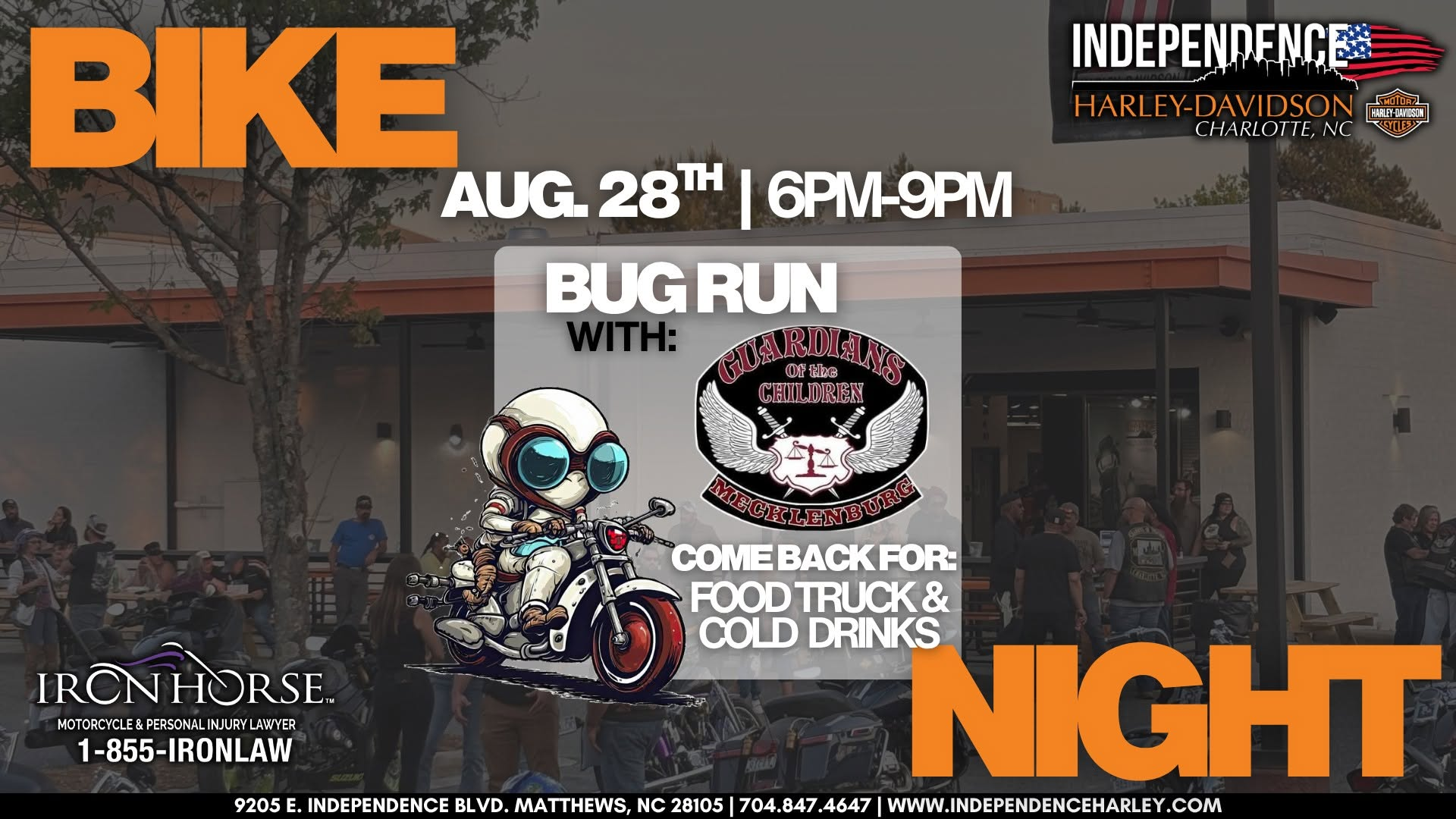 Bike Night and Bug Run flyer for Independence Harley-Davidson in Matthews NC on August 28, 2026 with Guardians of the Children Mecklenburg.