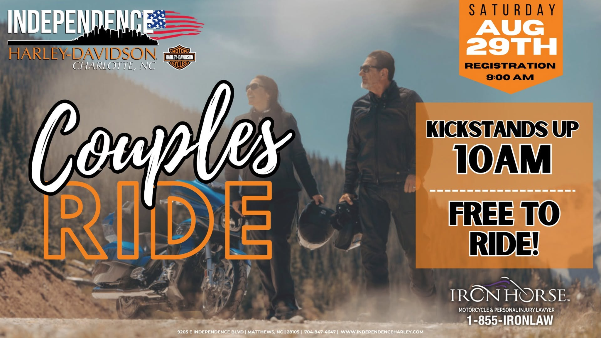 Couples Ride flyer for Independence Harley-Davidson in Matthews NC on August 29, 2026 with registration at 9 AM and kickstands up at 10 AM.