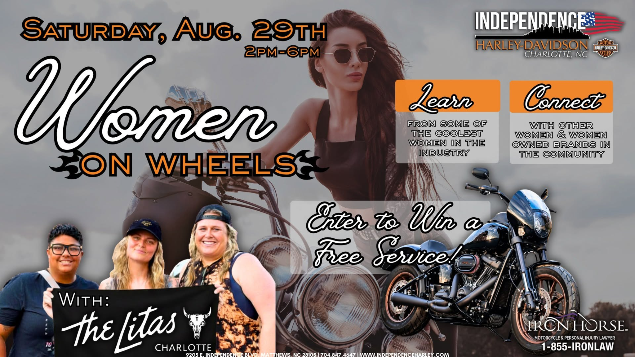 Women on Wheels motorcycle event at Independence Harley-Davidson in Matthews NC on August 29, 2026 from 2 PM to 6 PM featuring The Litas Charlotte.