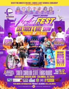 Project Jasmine Ladies Fest Domestic Violence Awareness Car, Truck and Bike Show flyer for August 15, 2026 in Columbia, South Carolina.