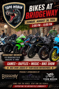 Bikes at BridgeWay motorcycle event at BridgeWay Brewing in Mauldin SC on August 30, 2026. All bikes are welcome.