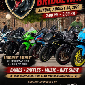 Bikes at BridgeWay motorcycle event at BridgeWay Brewing in Mauldin SC on August 30, 2026. All bikes are welcome.