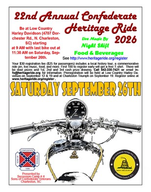 Flyer for the 22nd Annual Confederate Heritage Ride on September 26 2026 at Low Country Harley-Davidson in North Charleston South Carolina