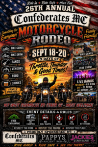Flyer for the 26th Annual Confederates MC Motorcycle Rodeo September 18 through 20, 2026 in Starr, South Carolina.