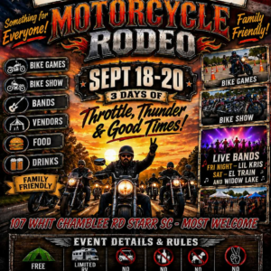 Flyer for the 26th Annual Confederates MC Motorcycle Rodeo September 18 through 20, 2026 in Starr, South Carolina.