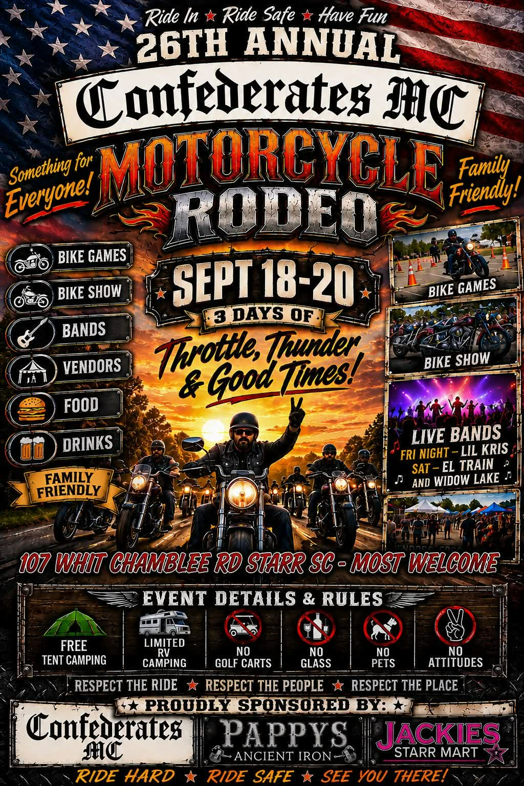 Flyer for the 26th Annual Confederates MC Motorcycle Rodeo September 18 through 20, 2026 in Starr, South Carolina.