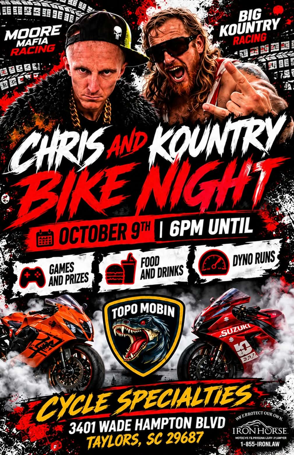 Chris Moore and Kountry Wayne Bike Night at Cycle Specialties in Taylors South Carolina on October 9 2026