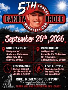 Flyer for the 5th Annual Dakota Brock Memorial Run on September 26 2026 in Starr and Calhoun Falls South Carolina