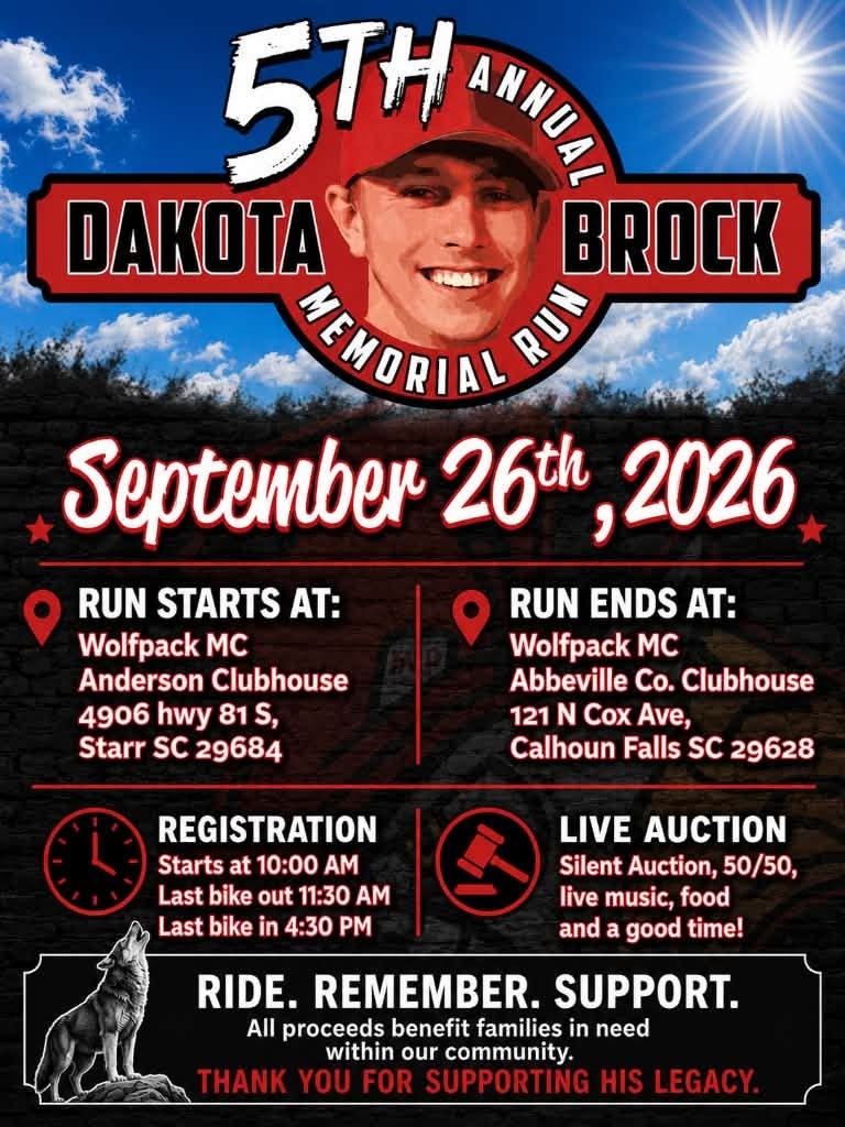 Flyer for the 5th Annual Dakota Brock Memorial Run on September 26 2026 in Starr and Calhoun Falls South Carolina
