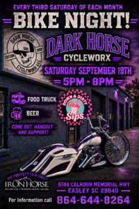Dark Horse Cycleworx Bike Night flyer for Saturday, September 19, 2026 from 5 PM to 8 PM in Easley, South Carolina.