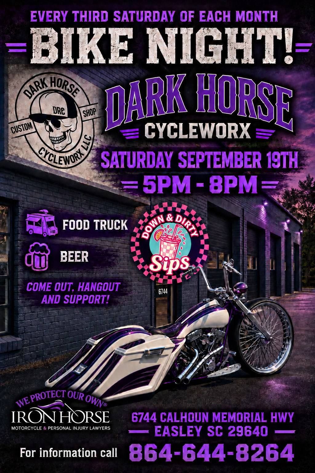 Dark Horse Cycleworx Bike Night flyer for Saturday, September 19, 2026 from 5 PM to 8 PM in Easley, South Carolina.
