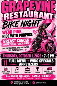 Grapevine Restaurant Bike Night Breast Cancer Awareness Fundraiser in Boiling Springs South Carolina on October 1 2026