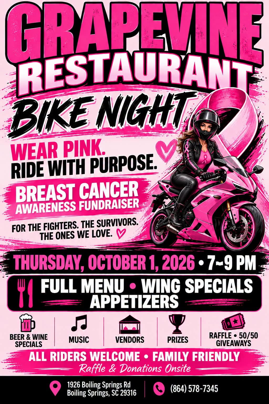 Grapevine Restaurant Bike Night Breast Cancer Awareness Fundraiser in Boiling Springs South Carolina on October 1 2026
