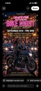 Bike Night Ladies Night at Grapevine Restaurant in Boiling Springs SC on September 24 from 7 to 9 PM