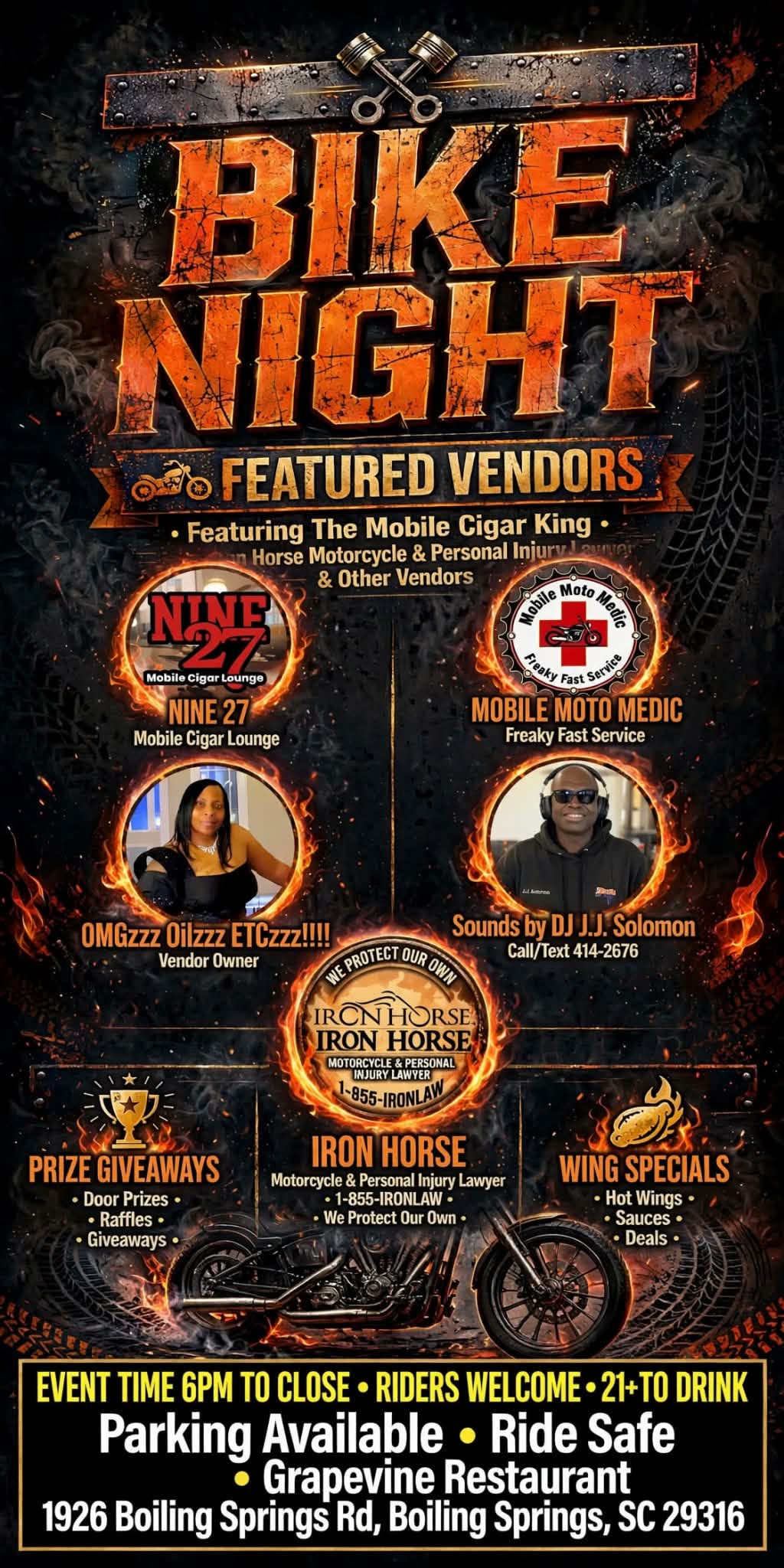 Bike Night at Grapevine Restaurant in Boiling Springs SC on September 17 featuring vendors, music, giveaways and wing specials