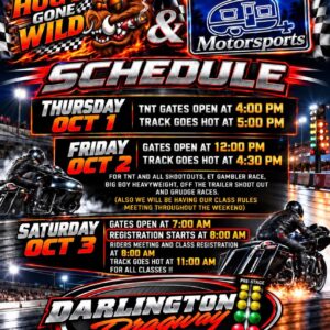 Hog's Gone Wild and Trailer Park Motorsports Harley-Davidson bagger drag racing at Darlington Dragway October 1 through 3 2026