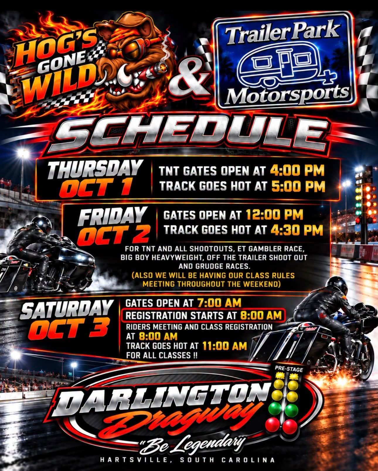 Hog's Gone Wild and Trailer Park Motorsports Harley-Davidson bagger drag racing at Darlington Dragway October 1 through 3 2026