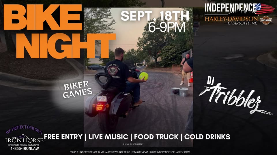 Bike Night at Independence Harley-Davidson on September 18 featuring biker games, DJ Tribblez, food truck and cold drinks