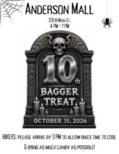 10th Annual Bagger Treat Halloween motorcycle event flyer for October 31, 2026, at Anderson Mall in Anderson, South Carolina