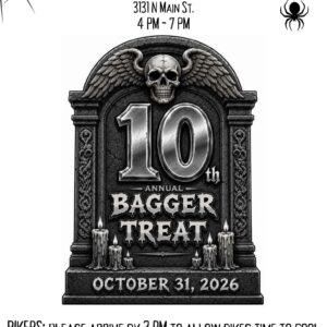 10th Annual Bagger Treat Halloween motorcycle event flyer for October 31, 2026, at Anderson Mall in Anderson, South Carolina