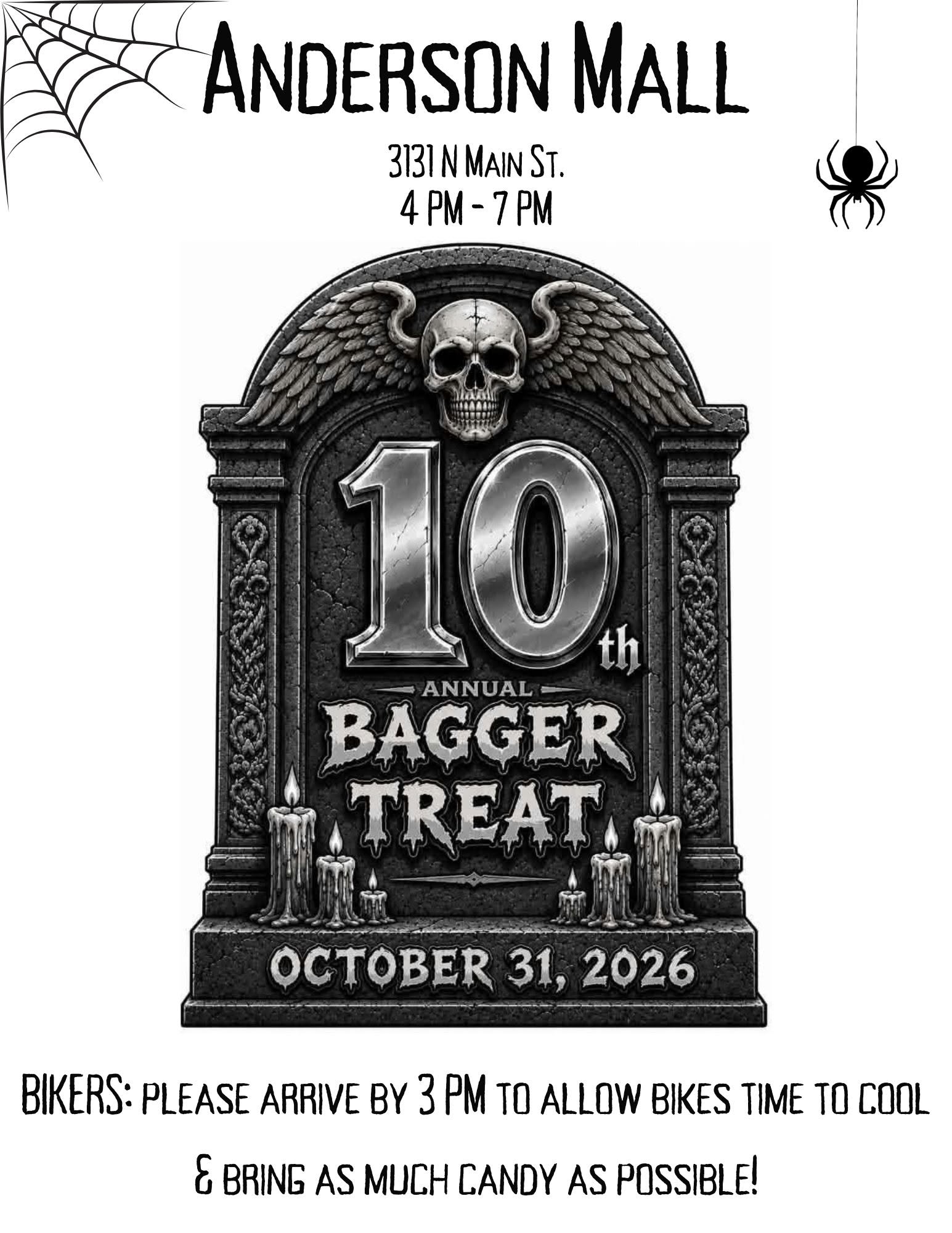 10th Annual Bagger Treat Halloween motorcycle event flyer for October 31, 2026, at Anderson Mall in Anderson, South Carolina