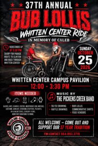 37th Annual Bub Lollis Whitten Center Ride flyer for October 25, 2026, hosted by Woodlawn Ramblers MC in memory of Caleb