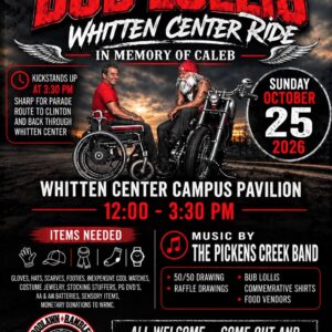37th Annual Bub Lollis Whitten Center Ride flyer for October 25, 2026, hosted by Woodlawn Ramblers MC in memory of Caleb