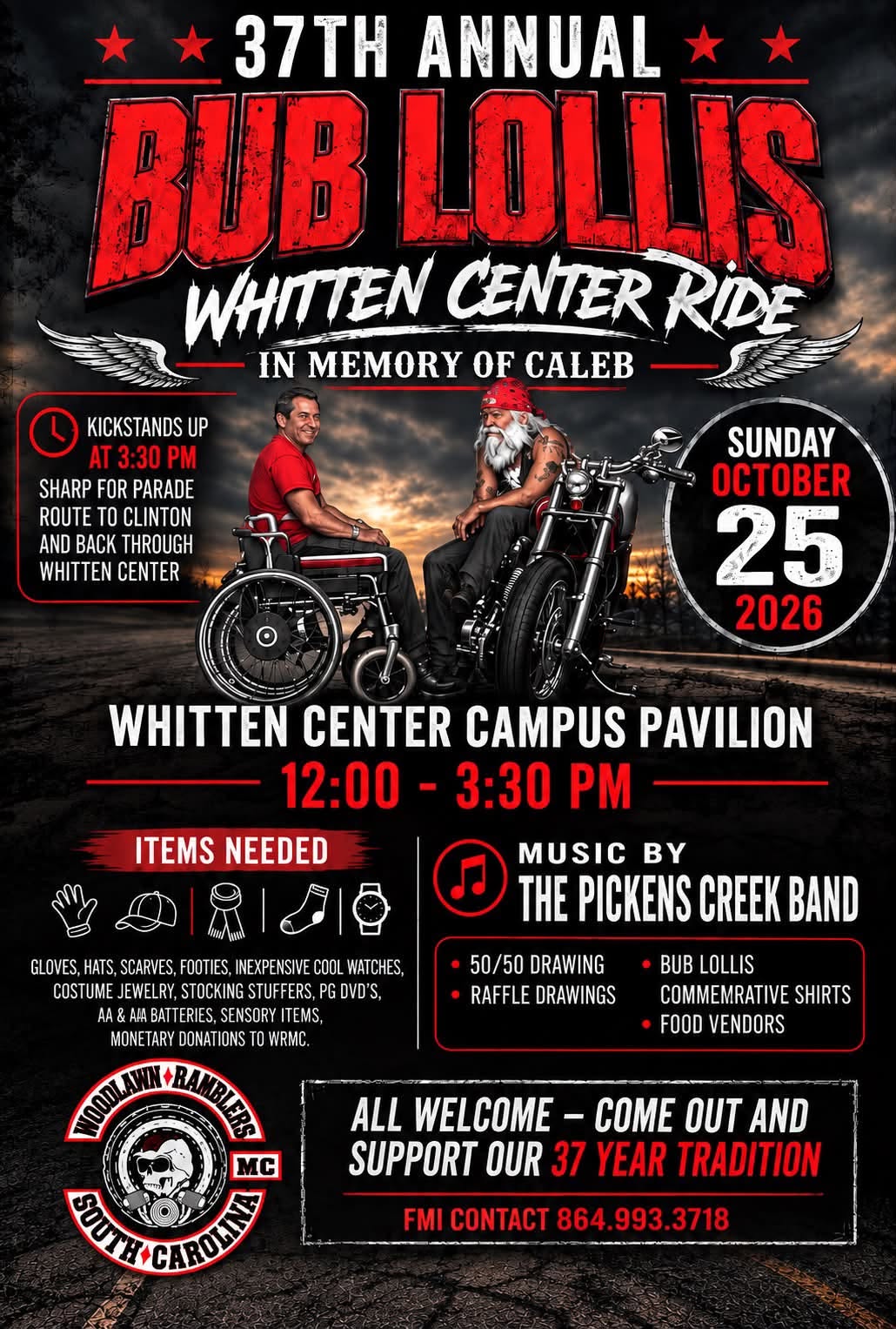 37th Annual Bub Lollis Whitten Center Ride flyer for October 25, 2026, hosted by Woodlawn Ramblers MC in memory of Caleb