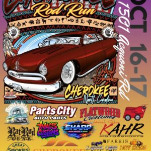 Cherokee Rod Run October 16-17 2026 flyer featuring a custom classic car and event sponsors