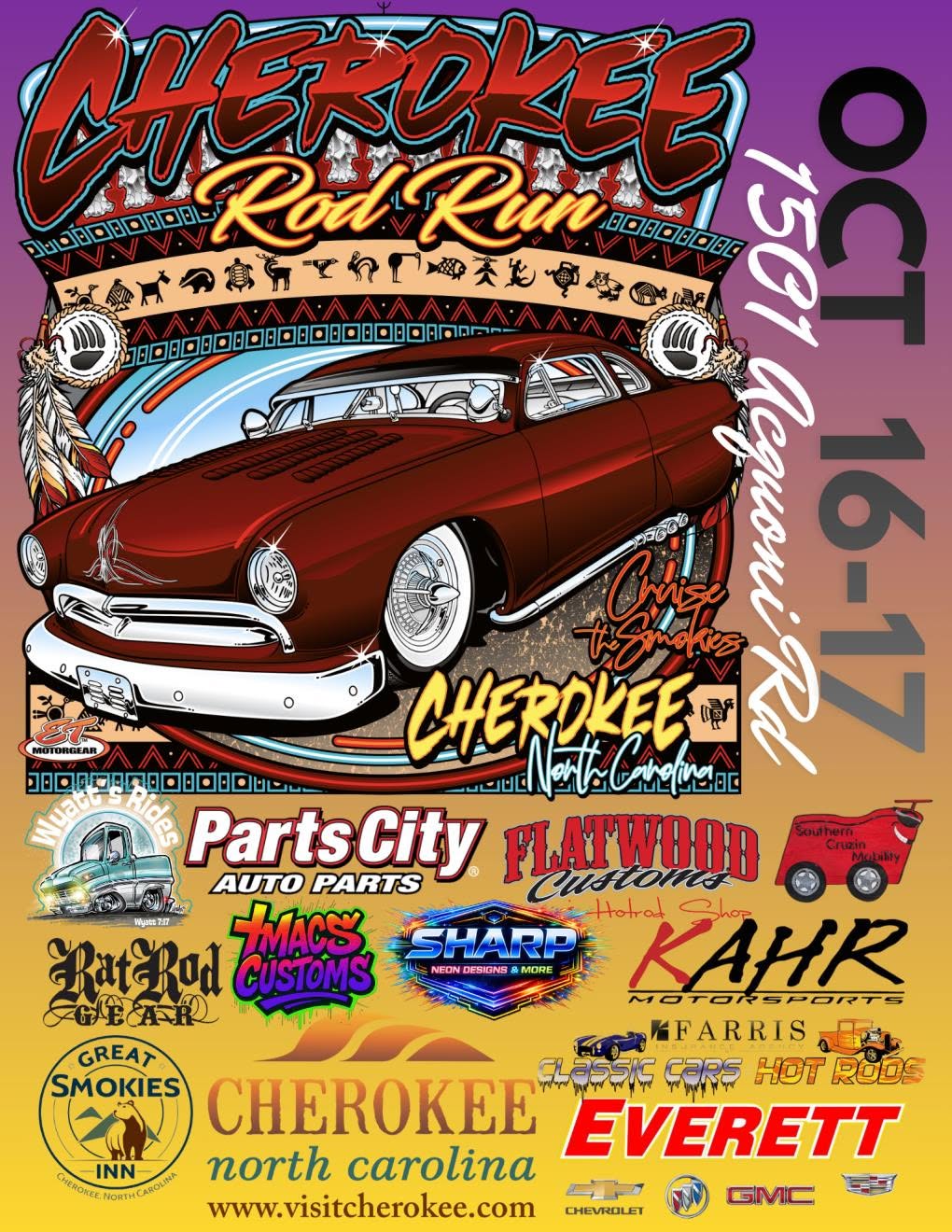Cherokee Rod Run October 16-17 2026 flyer featuring a custom classic car and event sponsors