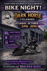Dark Horse Cycleworx Bike Night flyer for October 17, 2026, showing a custom black bagger motorcycle outside the Easley motorcycle shop